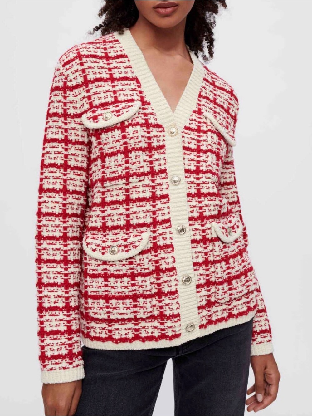 Maje Two-Tone Tweed-Effect Knit Cardigan Red Cream Metallic Size 1 - Picture 3 of 11